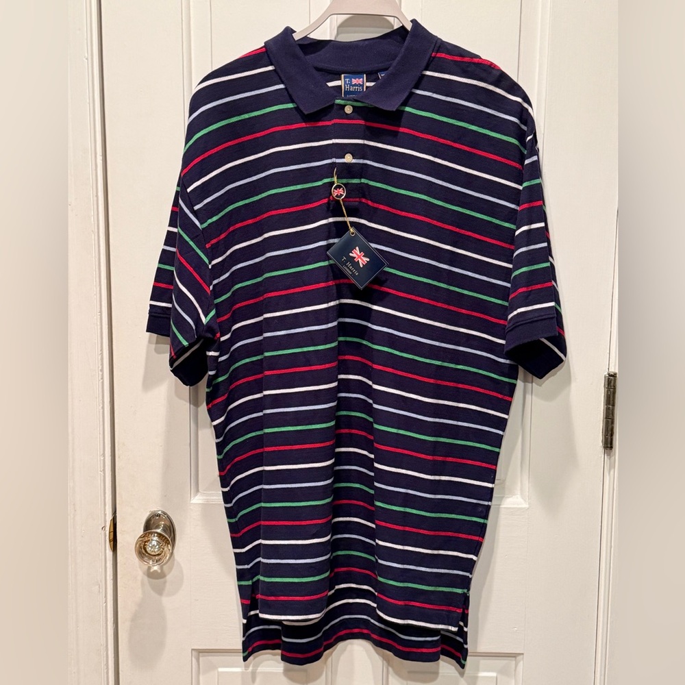 T-Harris London Shirt XL Men's Striped Polo  Short Sleeves White/Red